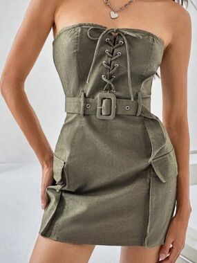 Strapless Olive Green Lace-Up Belted Mini Dress